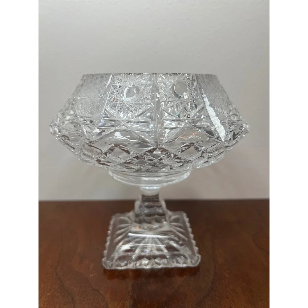 Vintage Cut‎ Crystal Glass Pedestal Compote  Vase ABP Style Hobstar 6.5